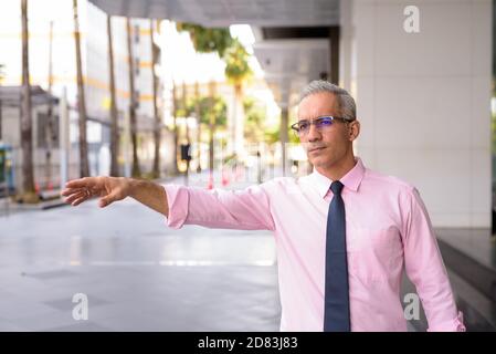 Bell'uomo d'affari persiano che si trova all'esterno di un edificio moderno Foto Stock