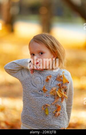 Ritratto di adorabile bambina in autunno foglie su un bella giornata d'autunno colorata Foto Stock