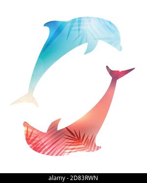 Illustrazione della silhouette di due delfini che saltano con uno sfondo offuscato del tramonto e foglie di palma. L'oggetto è separato dal backgrou Illustrazione Vettoriale