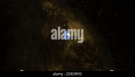 pianeta terra realistico con rendering 3d fotografico. Bellissimo pianeta verde con galassia o nebulosa colorata. Vista frontale della terra dallo spazio con le nuvole Foto Stock