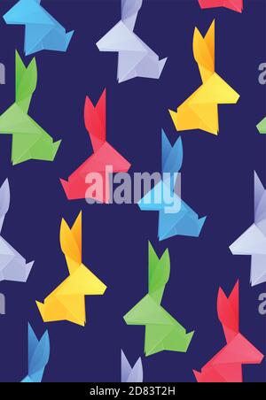 Motivo senza cuciture con conigli di origami di carta multicolore. Zoo di carta. Texture vettoriale con lepri per avvolgere, tessile e per la vostra creatività Illustrazione Vettoriale