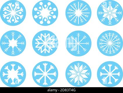 Varietà di disegni per fiocchi di neve bianchi in cerchio blu. Icone vettoriali isolate su sfondo bianco. Illustrazione Vettoriale