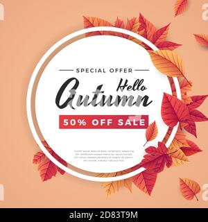Modello di sfondo vendita autunno con lettere. Foglie di caduta luminose. Poster, scheda, etichetta, banner. Ideale per la vendita di shopping. Brillante sfondo naturale Illustrazione Vettoriale