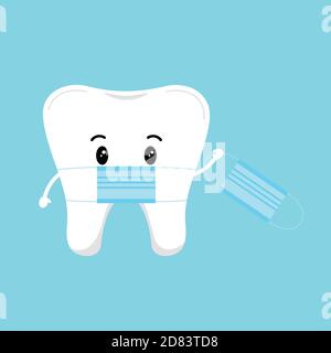 Carino dente con maschera medica che tiene una maschera protettiva coronavirus isolato su sfondo. Illustrazione Vettoriale