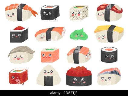 Sushi, sashimi e rotoli, carino e divertente cartoon set di caratteri, flat vettore isolato illustrazione. Illustrazione Vettoriale