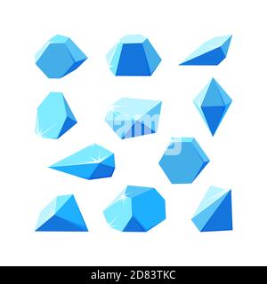 Cristalli di ghiaccio spezzati in pezzi. Set di cristalli blu schiacciati. Pietre preziose rotte fatte di ghiaccio. Illustrazione vettoriale in stile cartoon Illustrazione Vettoriale