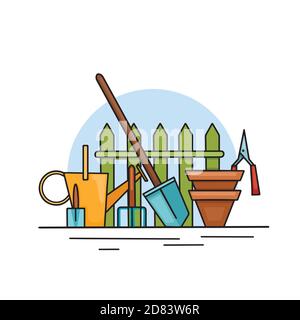 Illustrazione del colore del contorno degli attrezzi di giardinaggio. Annaffiatura lattina, pala, rastrello, pentole e recinzione. Un hobby attivo in natura. Disegno vettoriale per schede Illustrazione Vettoriale