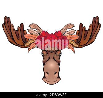Contorno colorato illustrazione di una testa alce con antlers e rosa corona vista frontale. Mammifero selvatico. Profilo vettoriale a colori per loghi, icone, Illustrazione Vettoriale