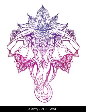 Contorno gradiente nativo elefante testa con tronco, tusks e boho ornamenti. Testa di Ganesha con mandala. Silhouette colore vettoriale per tatuaggio, cartoncini, bann Illustrazione Vettoriale