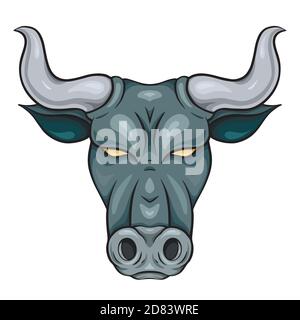 Cartoon testa di toro. Il simbolo del nuovo anno 2021. Bufalo grigio con corna. Immagine vettoriale piatta della testa animale per loghi, badge e il Illustrazione Vettoriale