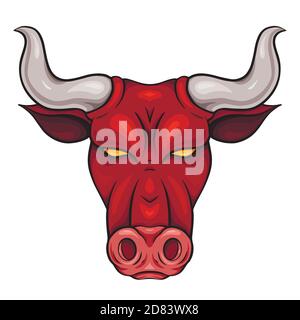 Cartoon testa di toro. Il simbolo del nuovo anno 2021. Bufalo rosso pericolo con corna. Immagine vettoriale piatta della testa animale per loghi, badge e il Illustrazione Vettoriale