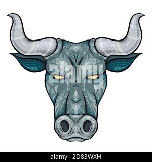 Testa di toro cartoon con decorazione boho. Il simbolo del nuovo anno 2021. Bufalo grigio con corna e mehendi bianchi. Immagine piatta vettoriale di Illustrazione Vettoriale