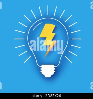 Lampada Lightning. Lampadina leggera in stile carta artigianale. Origami lampadina elettrica per creatività, startup, brainstorming, business. Sfondo blu. Illustrazione Vettoriale