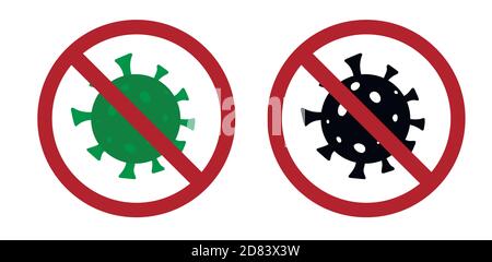 Insieme di diverse molecole di infezione da coronavirus nel segno di divieto. Divieto di malattia. Pericolo di contrarre un virus. Icona vettore per st Illustrazione Vettoriale