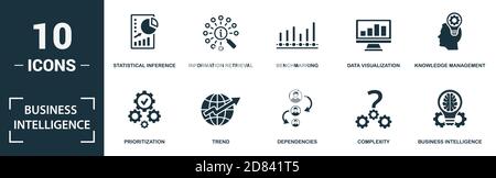 Insieme di icone di Business Intelligence. Raccolta di segni monocromatici con inferenza statistica, recupero delle informazioni, benchmarking, visualizzazione dei dati e. Illustrazione Vettoriale