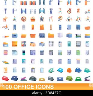 100 set di icone per l'ufficio. Illustrazione cartoon di 100 icone ufficio vettore insieme isolato su sfondo bianco Illustrazione Vettoriale