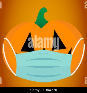 Zucca arancione di Halloween che indossa una maschera protettiva per il viso Illustrazione Vettoriale