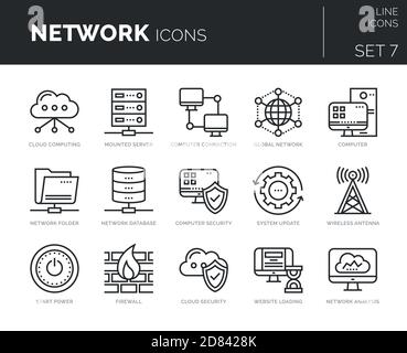 Insieme di icone di linea sottile moderne insieme di elementi di rete. Illustrazione Vettoriale