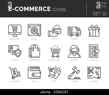 Insieme di icone di e-commerce vettoriale. Le icone sono in design piatto/lineare con elementi per i concetti mobili e le applicazioni Web. Collezione di loghi infografici moderni Illustrazione Vettoriale