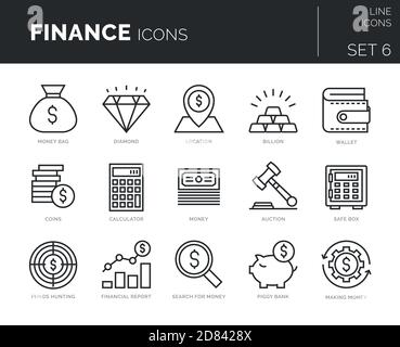 Insieme di icone moderne e sottili, insieme di elementi finanziari. Illustrazione Vettoriale