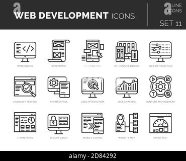 Insieme di icone di sviluppo Web vettoriali. Le icone sono in design piatto/lineare con elementi per i concetti mobili e le applicazioni Web. Collezione di infografica moderna Illustrazione Vettoriale