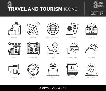 Set di icone di viaggio vettoriale e turismo. Le icone sono in design piatto/lineare con elementi per i concetti mobili e le applicazioni Web. Collezione di infografi moderni Illustrazione Vettoriale