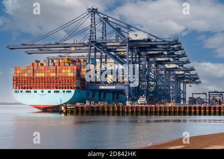 vista della massiccia nave container maersk che scaricano il trasporto di container felixstowe porto suffolk Foto Stock