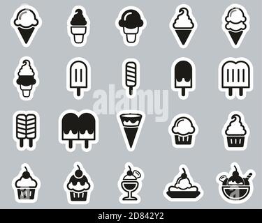Icone gelato Set di adesivi Bianco e nero Big Illustrazione Vettoriale