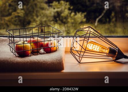 Elementi decorativi domestici rustici in filo metallico nero. Lampada a gabbia con lampadina edison a LED a spirale e cestello in griglia metallica con mele rosse. Atmosfera accogliente e calda. Foto Stock