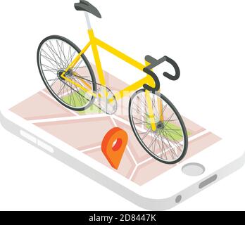 Icona del vettore di navigazione GPS mobile. Illustrazione 3d isometrica. Pedala su un telefono cellulare con la mappa della città su uno schermo. App per il tracciamento dello smartphone Illustrazione Vettoriale