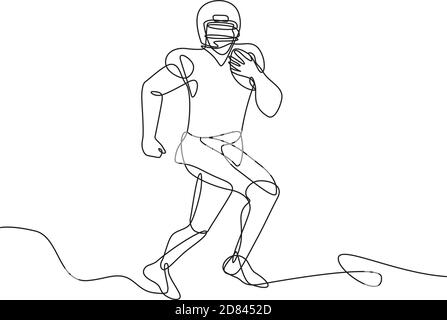 Disegno a linea continua illustrazione di un calcio americano che corre indietro, ricevitore largo, quarterback o corsa di estremità stretta con palla fatta in schizzo Illustrazione Vettoriale