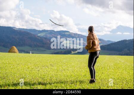 bastone gettante ragazza per cane in campo verde Foto Stock