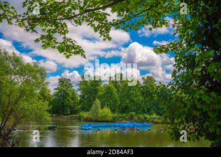 Vista di un piccolo laghetto in barca con una fila di pedalò parcheggiate, Crystal Palace Park, Londra, Regno Unito Foto Stock