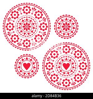 Insieme di disegno di mandala vettoriale in stile folcloristico scandinavo - saluto carino carta su invito disegni rotondi con cuori e fiori Illustrazione Vettoriale