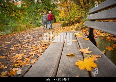 Coppia senior non identificata che cammina in un parco, stagione autunnale Foto Stock