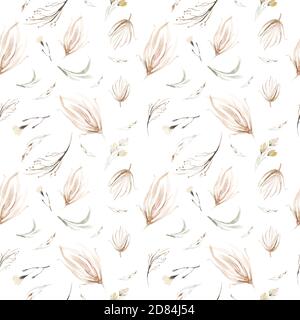 Boho senza cuciture motivo elementi acquerelli di savanna oro fiori collezione giardino rosso, fiore di borgogna, foglie, rami, illustrazione botanica Foto Stock