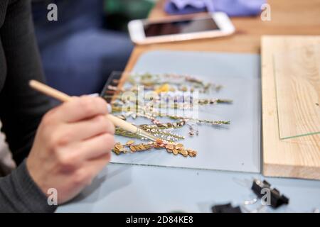 Una donna presenta una composizione. Master class sulla creazione di cornici con Herbarium in tecnica tiffany in vetro colorato. Erbario di diverso essiccato Foto Stock