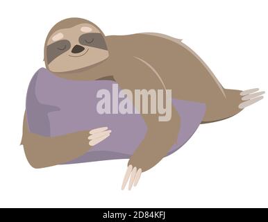 Sloth dormire sul cuscino. Illustrazione vettoriale in stile cartoon isolato su sfondo bianco. Illustrazione Vettoriale