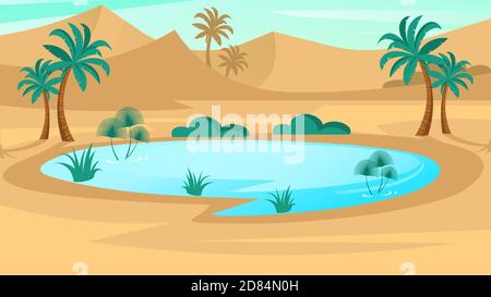 Oasi nel deserto. Scenografia orizzontale in design piatto. Illustrazione vettoriale con dune di sabbia, lago blu e palme. Illustrazione Vettoriale