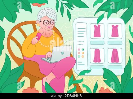 La vecchia signora alla moda rinfresca il suo guardaroba da portatile. Acquisto in linea per le donne anziane. Shopping online - i clienti anziani acquistano i vestiti in internet Illustrazione Vettoriale