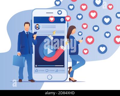 Due persone con smartphone mobile con magnete che attrae cuori e piace. Concetto di marketing sui social media. Design semplice e piatto. Illustrazione vettoriale. IO Illustrazione Vettoriale