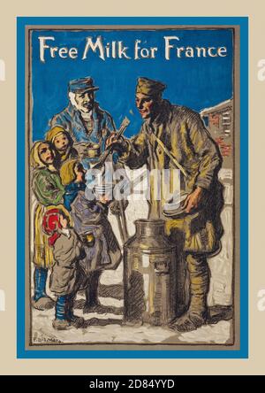 Poster di Propaganda d'epoca del 1900 della prima Guerra Mondiale : "latte libero per la Francia" dell'artista F. Luis Mora. 1874-1940, artist Data di creazione/pubblicazione: N[ew] Y[ork] : The W. F. Powers Co., Litho., [1918] (poster) : litografia, poster a colori che mostra un soldato americano che canta il latte per i bambini francesi durante la prima guerra mondiale Foto Stock