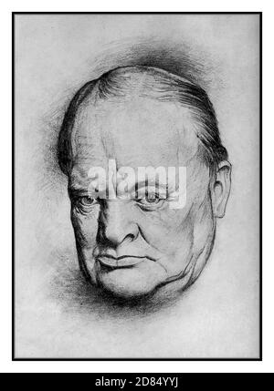 Archivio WW2 Winston Churchill Wartime leader ispiratore e primo ministro della seconda guerra mondiale Ritratto testa e spalle B&W disegno di Lyn Ott nel 1942. Del primo ministro britannico Churchill Lyn Ott (1926-1998) è stato un pittore americano. Foto Stock