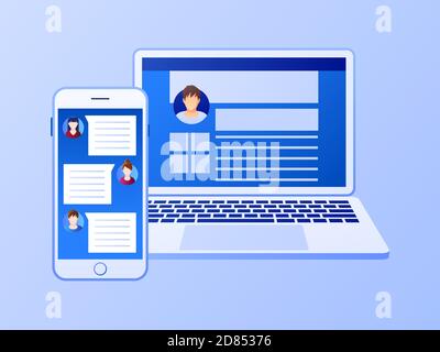 Smartphone con computer portatile su sfondo semplice. Concetto di marketing sui social media. Design piatto con gradiente. Vettore moderno. Illustrazione Vettoriale