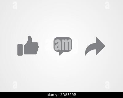 Disegno di icone piatte vettoriali astratte. Mi piace, commenta e condividi insieme di icone. Segnali dei social network. Illustrazione Vettoriale