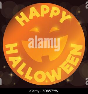 Bottone arancione decorato con zucca con sorriso senza denti, riflessi e sfondo scuro. Illustrazione Vettoriale