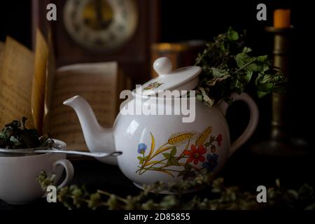 Tazza di tè e teiera su tavolo di legno con orologio vecchio, candela e libro in background Foto Stock