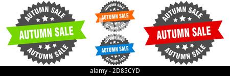 cartello di vendita autunno. set di etichette rotonde a nastro. Timbro Illustrazione Vettoriale