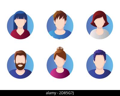 Serie di avatar rotondi diversi isolati su sfondo bianco. Diversi abiti e stili di capelli. Semplice stile cartoon piatto con sfumatura. Illustrazione Vettoriale