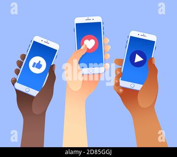 Tre mani che tengono gli smartphone con simili, amano i pulsanti di riproduzione. Nazionalità diverse. Concetto di marketing sui social media. Illustrazione vettoriale. Illustrazione Vettoriale